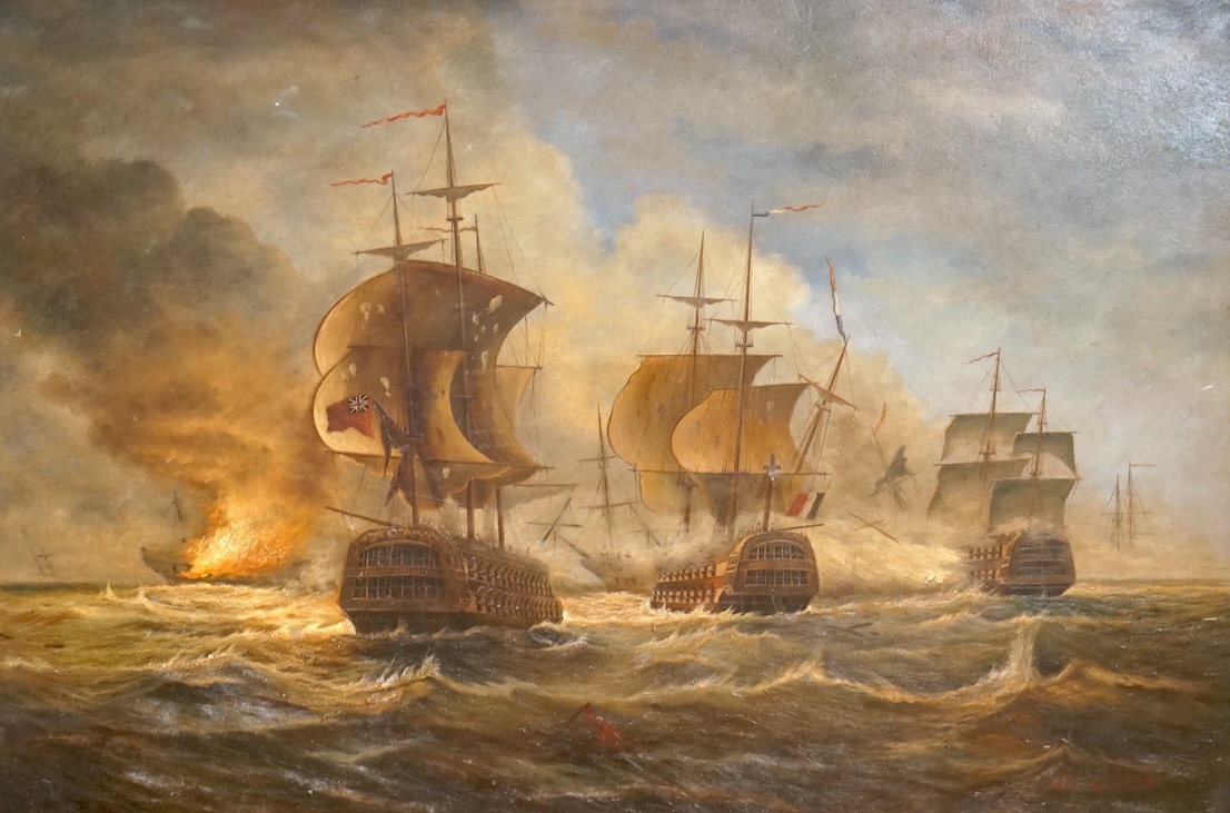 S. Wilson, Men O'war scene, signed, decorative maritime interest oil on canvas, 59 x 91cm, ornate gilt frame
